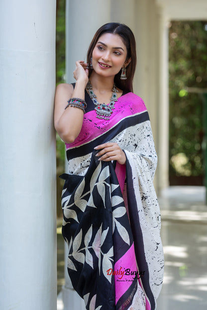 Pink Wax Batik Block Printed Painted Silk Mark Certified Bishnupuri Silk Sarees