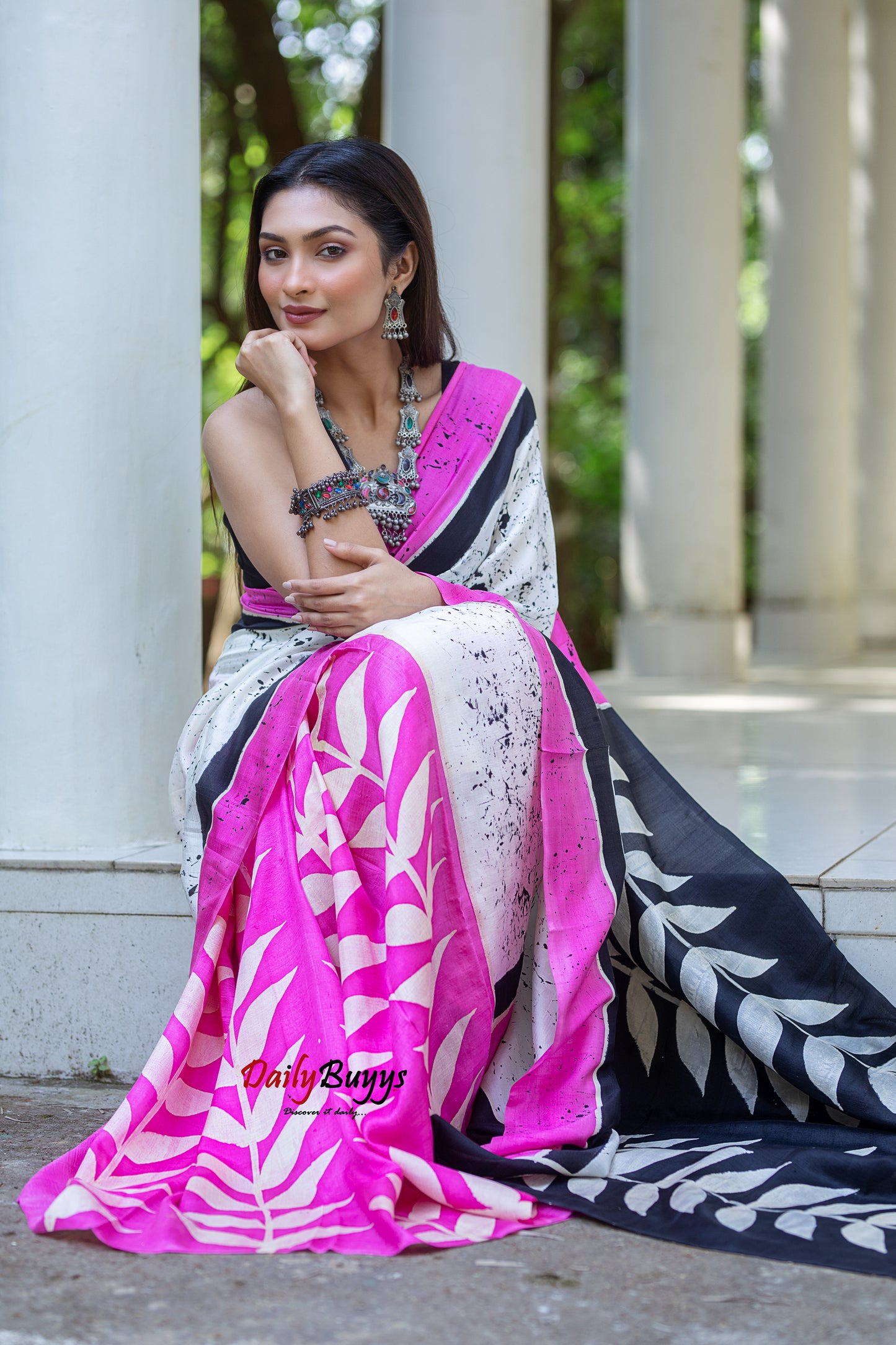 Pink Wax Batik Block Printed Painted Silk Mark Certified Bishnupuri Silk Sarees