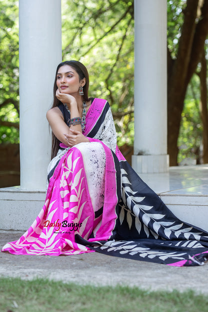 Pink Wax Batik Block Printed Painted Silk Mark Certified Bishnupuri Silk Sarees