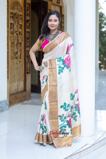 Rose Hand Painted Pure Silk Mark Certified Tussar Silk Sarees