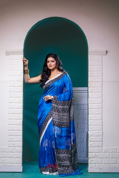 Blue Block Printed Pure Silk Mark Certified Bishnupuri Silk Sarees - Dailybuyys
