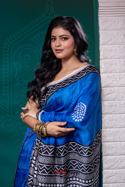 Blue Block Printed Pure Silk Mark Certified Bishnupuri Silk Sarees - Dailybuyys