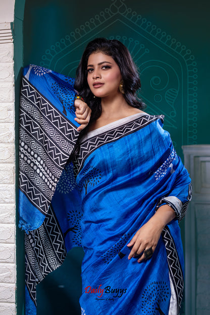 Blue Block Printed Pure Silk Mark Certified Bishnupuri Silk Sarees - Dailybuyys