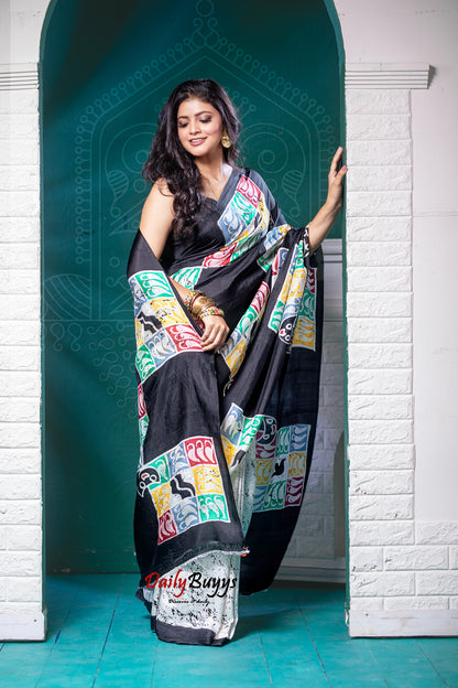 Black Wax Batik Hand Painted  Silk Mark Certified Bishnupuri Silk Sarees - Dailybuyys