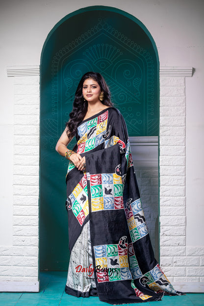 Black Wax Batik Hand Painted  Silk Mark Certified Bishnupuri Silk Sarees - Dailybuyys