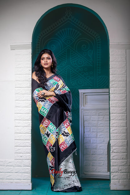 Black Wax Batik Hand Painted  Silk Mark Certified Bishnupuri Silk Sarees - Dailybuyys