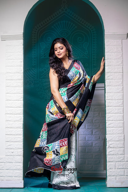 Black Wax Batik Hand Painted  Silk Mark Certified Bishnupuri Silk Sarees - Dailybuyys