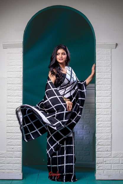 Black Fence Block Printed Silk Mark Certified Bishnupuri Silk Sarees - Dailybuyys