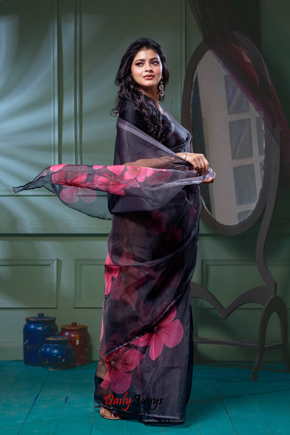 Digital Floral Print Organza Sarees - Dailybuyys