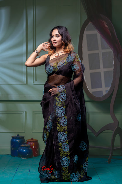 Designer Work Black Organza Sarees - Dailybuyys