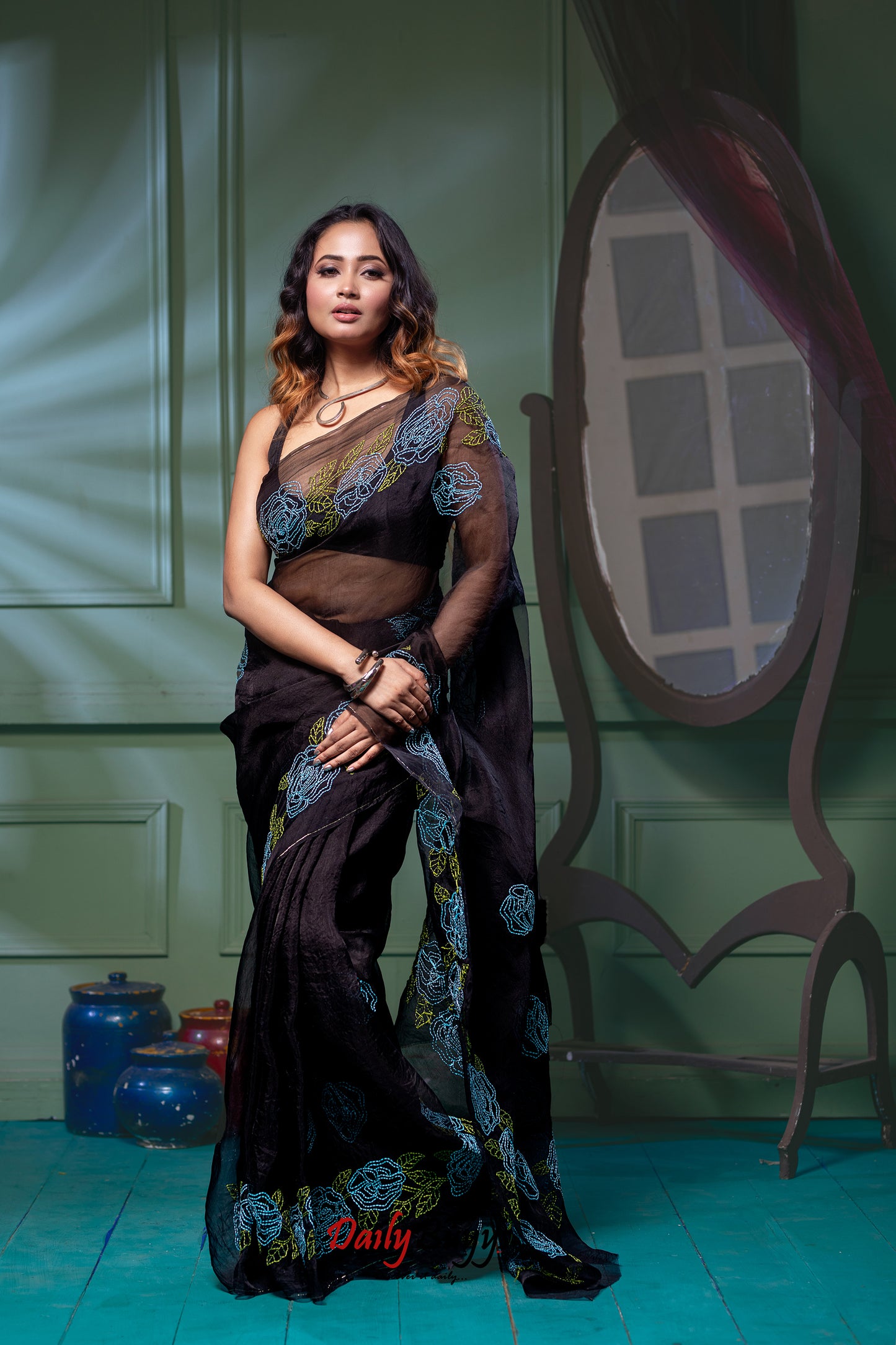 Designer Work Black Organza Sarees - Dailybuyys