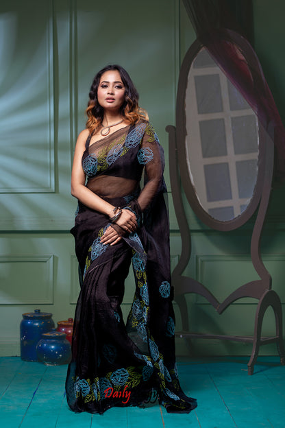 Designer Work Black Organza Sarees - Dailybuyys