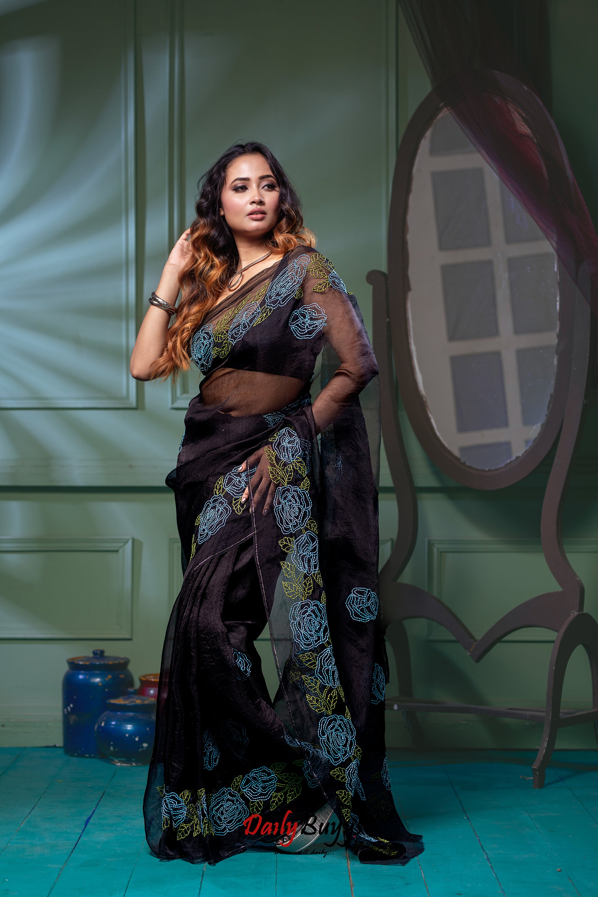 Designer Work Black Organza Sarees - Dailybuyys