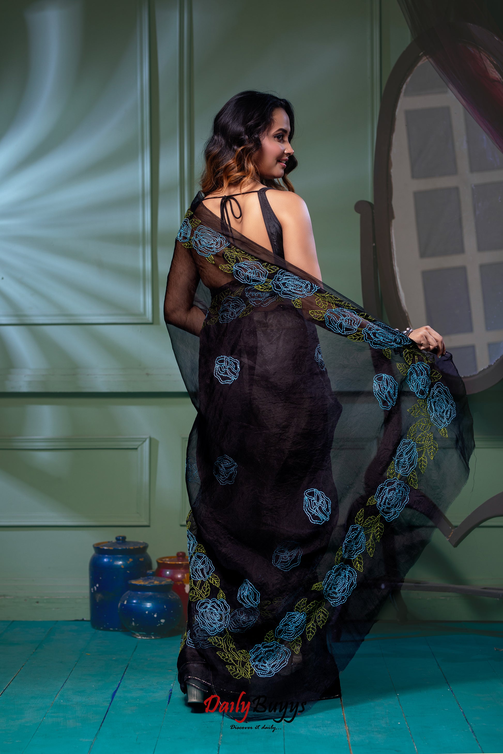 Designer Work Black Organza Sarees - Dailybuyys