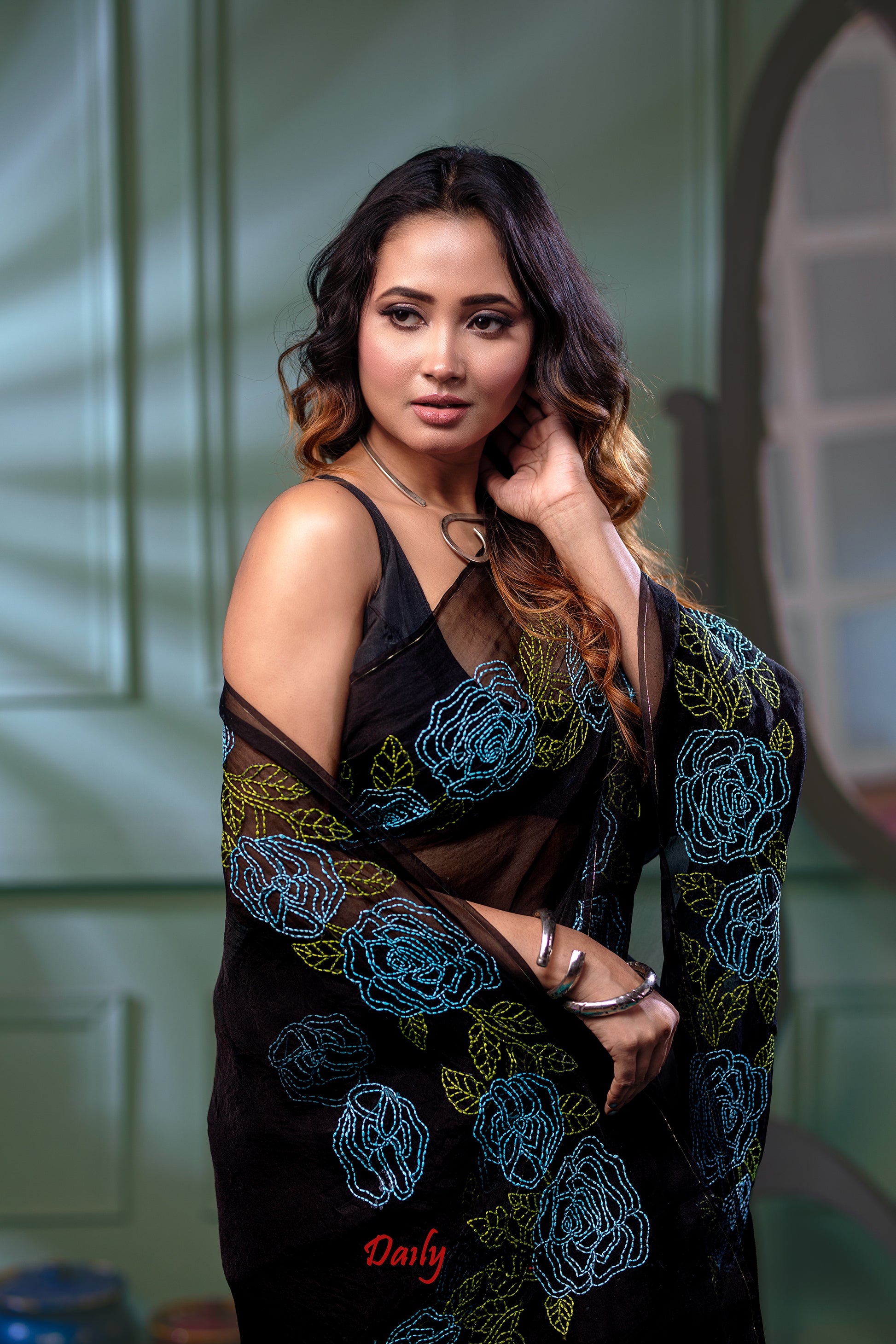 Designer Work Black Organza Sarees - Dailybuyys