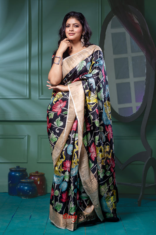 Designer Black Hand Painted Kalamkari Pure Silk Mark Certified Tussar Silk Sarees - Dailybuyys