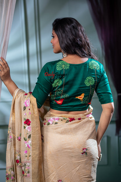 Green Floral Embroidery Design Blouses - Dailybuyys