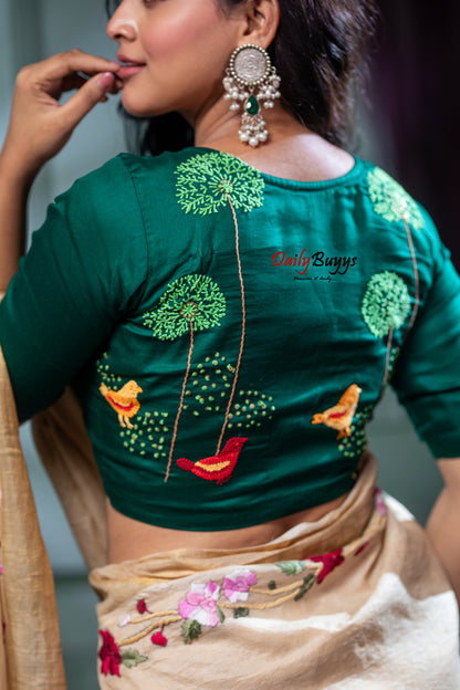 Green Floral Embroidery Design Blouses - Dailybuyys