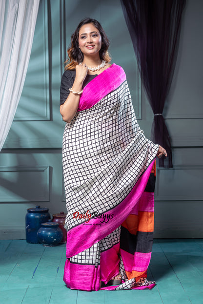 Pink  Block Printed Silk Mark Certified Bishnupuri Silk Sarees - Dailybuyys