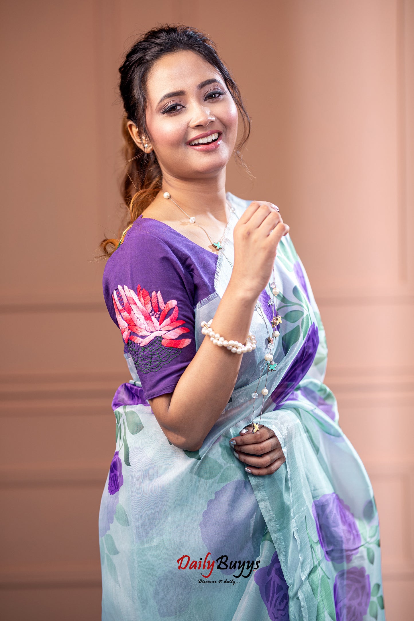 Purple Digital Floral Print Organza Sarees - Dailybuyys