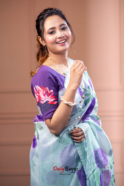 Purple Digital Floral Print Organza Sarees - Dailybuyys