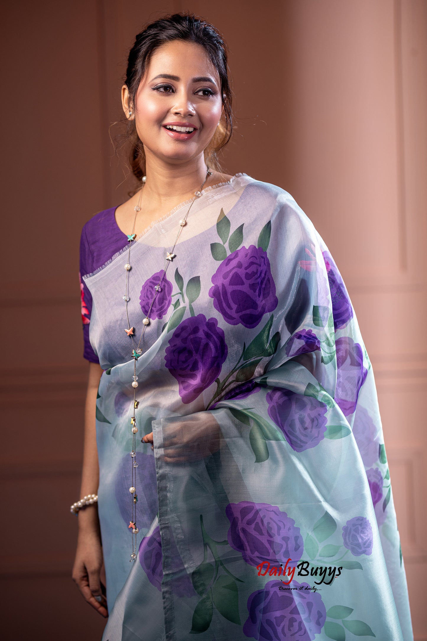 Purple Digital Floral Print Organza Sarees - Dailybuyys
