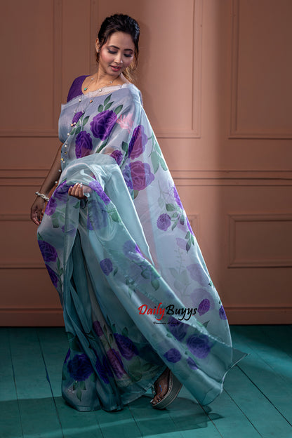 Purple Digital Floral Print Organza Sarees - Dailybuyys