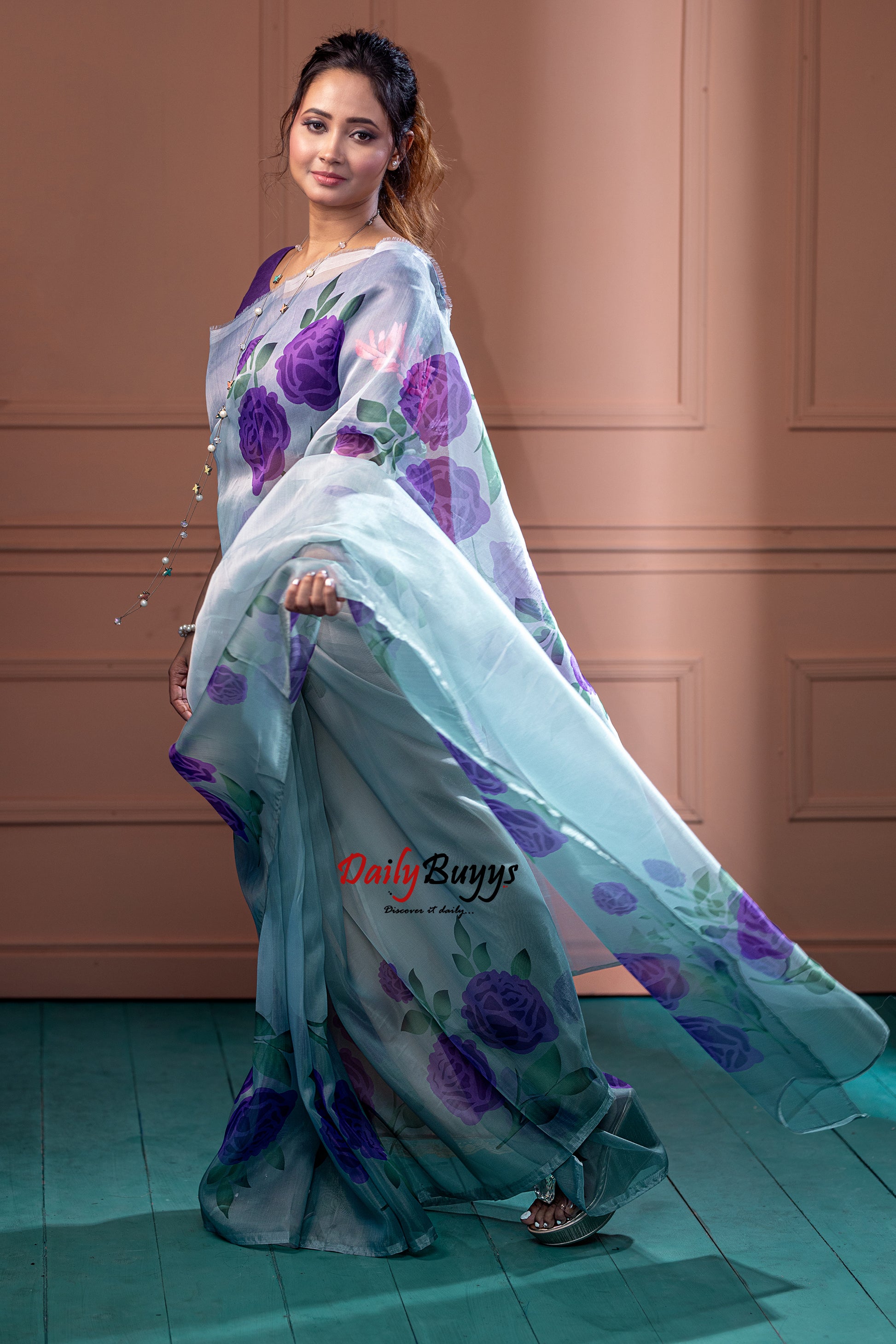 Purple Digital Floral Print Organza Sarees - Dailybuyys