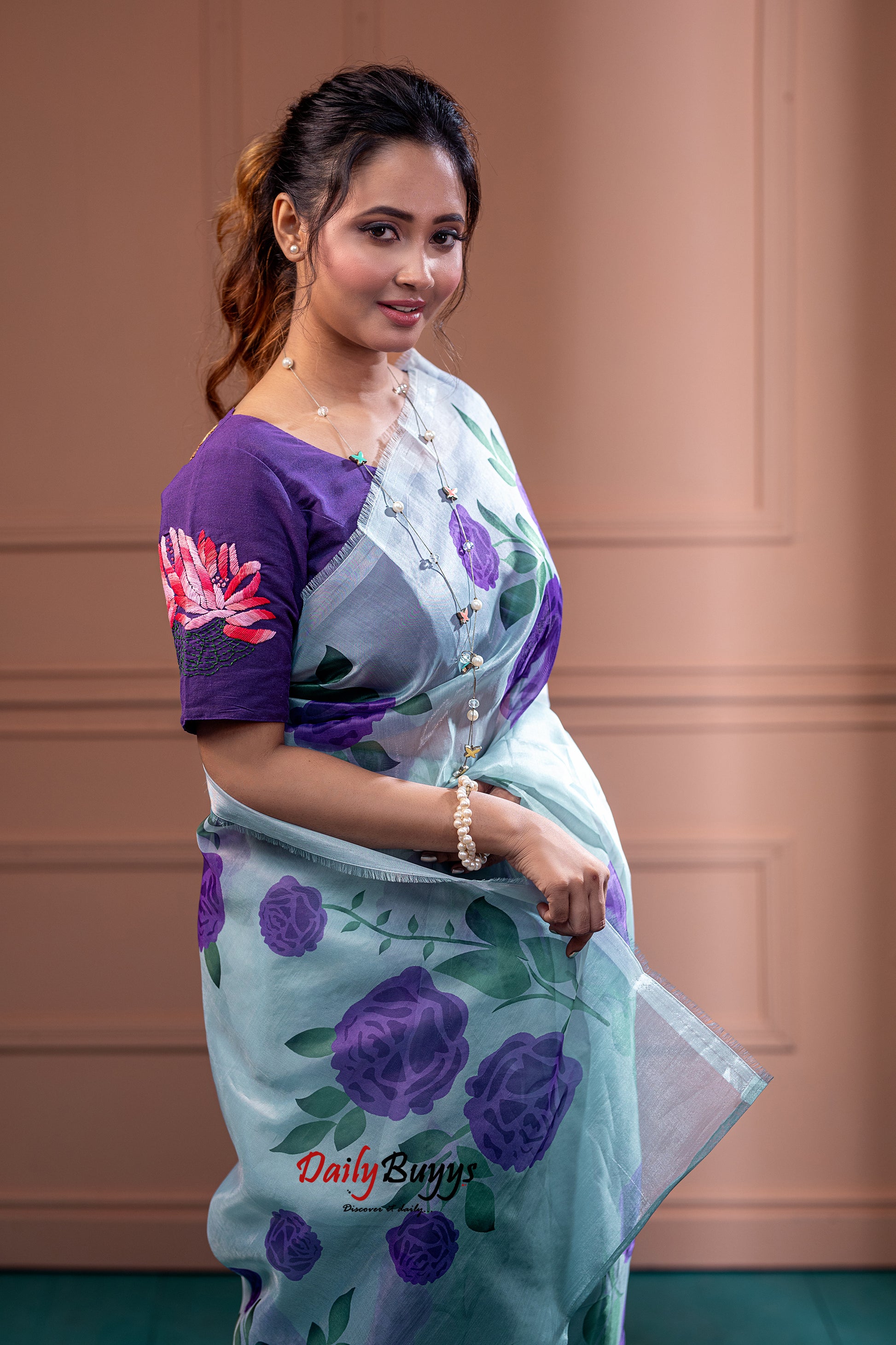 Purple Digital Floral Print Organza Sarees - Dailybuyys
