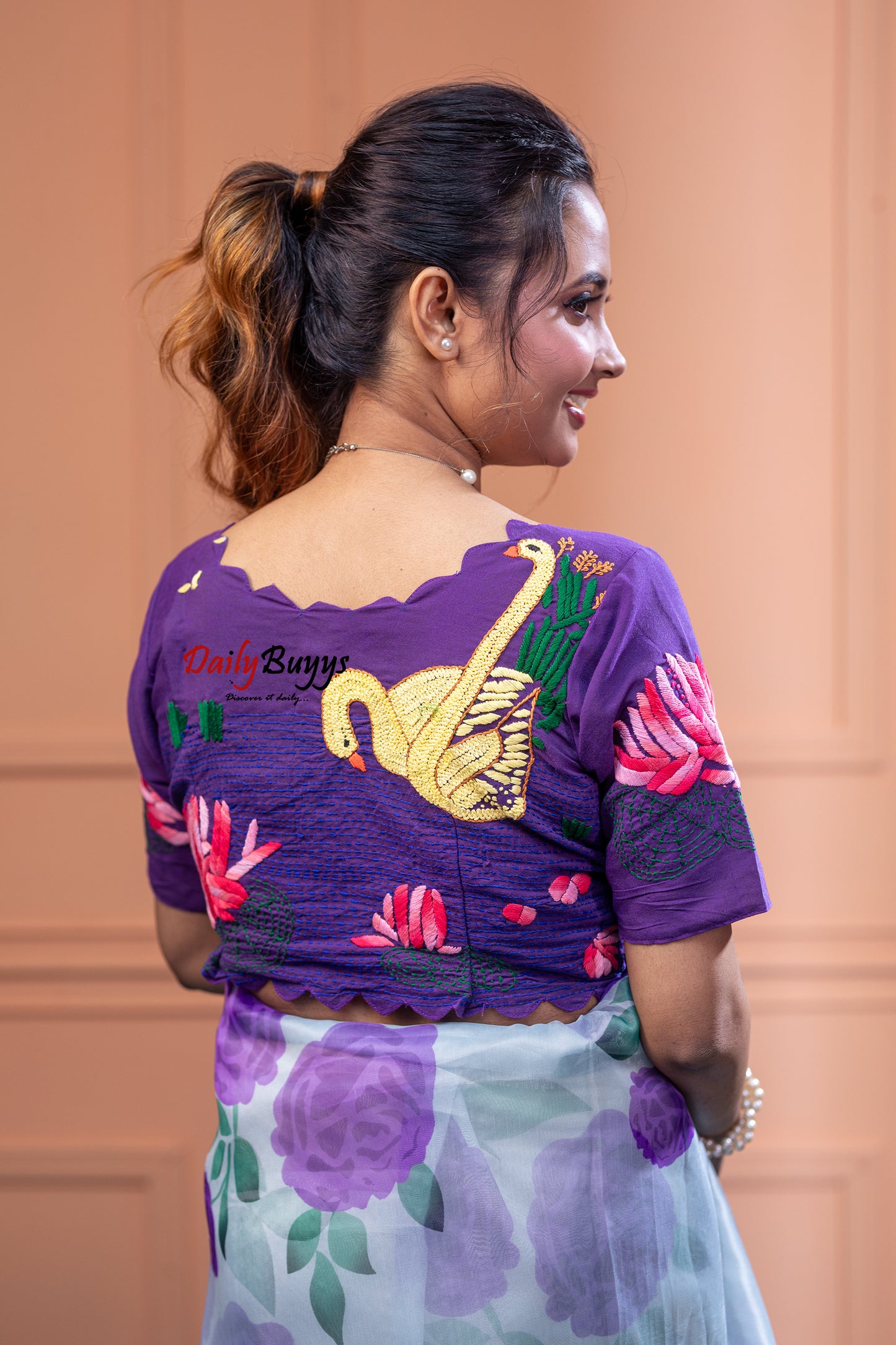 Purple Floral Embroidery Design Blouses - Dailybuyys