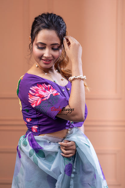 Purple Floral Embroidery Design Blouses - Dailybuyys