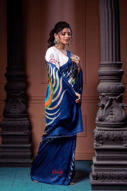 Blue Peacock Hand Painted Pure Silk Mark Certified Bishnupuri Silk Sarees - Dailybuyys