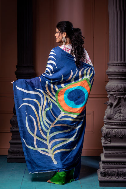 Blue Peacock Hand Painted Pure Silk Mark Certified Bishnupuri Silk Sarees - Dailybuyys