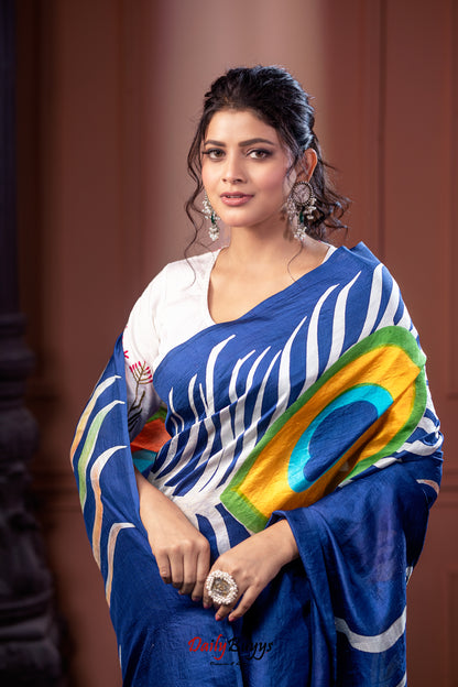 Blue Peacock Hand Painted Pure Silk Mark Certified Bishnupuri Silk Sarees - Dailybuyys
