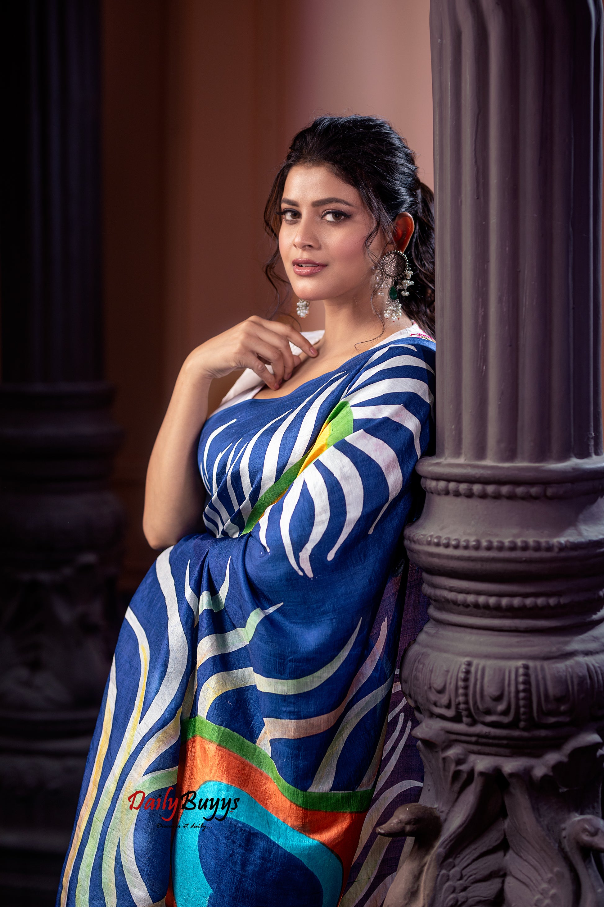 Blue Peacock Hand Painted Pure Silk Mark Certified Bishnupuri Silk Sarees - Dailybuyys