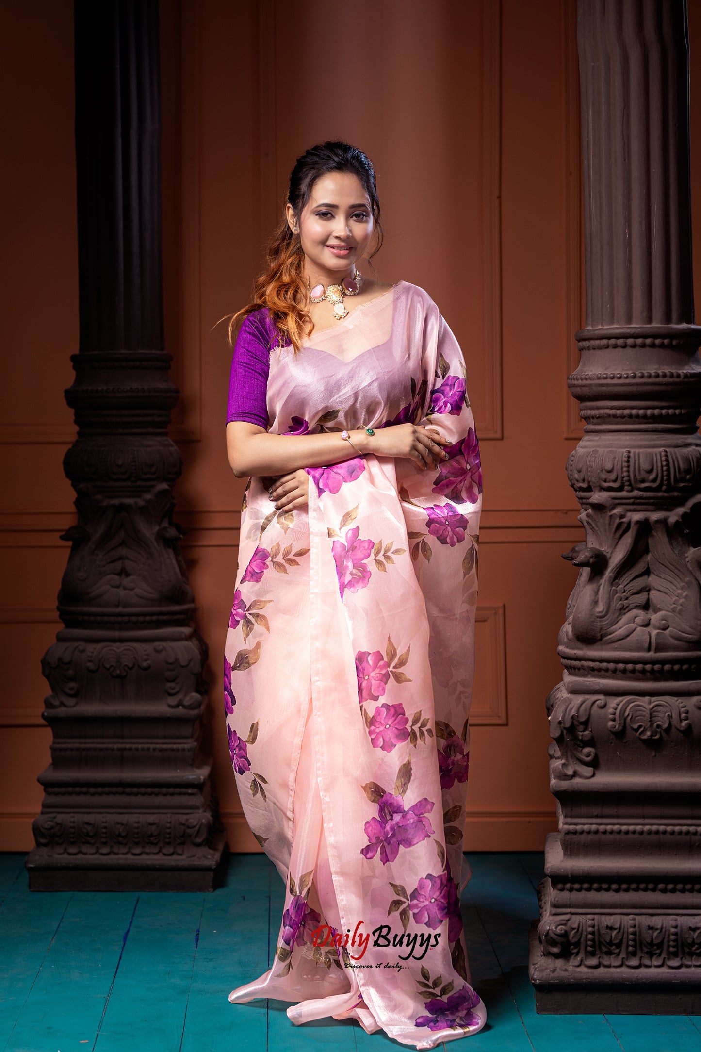Digital Floral Print Organza Sarees - Dailybuyys