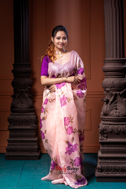 Digital Floral Print Organza Sarees - Dailybuyys