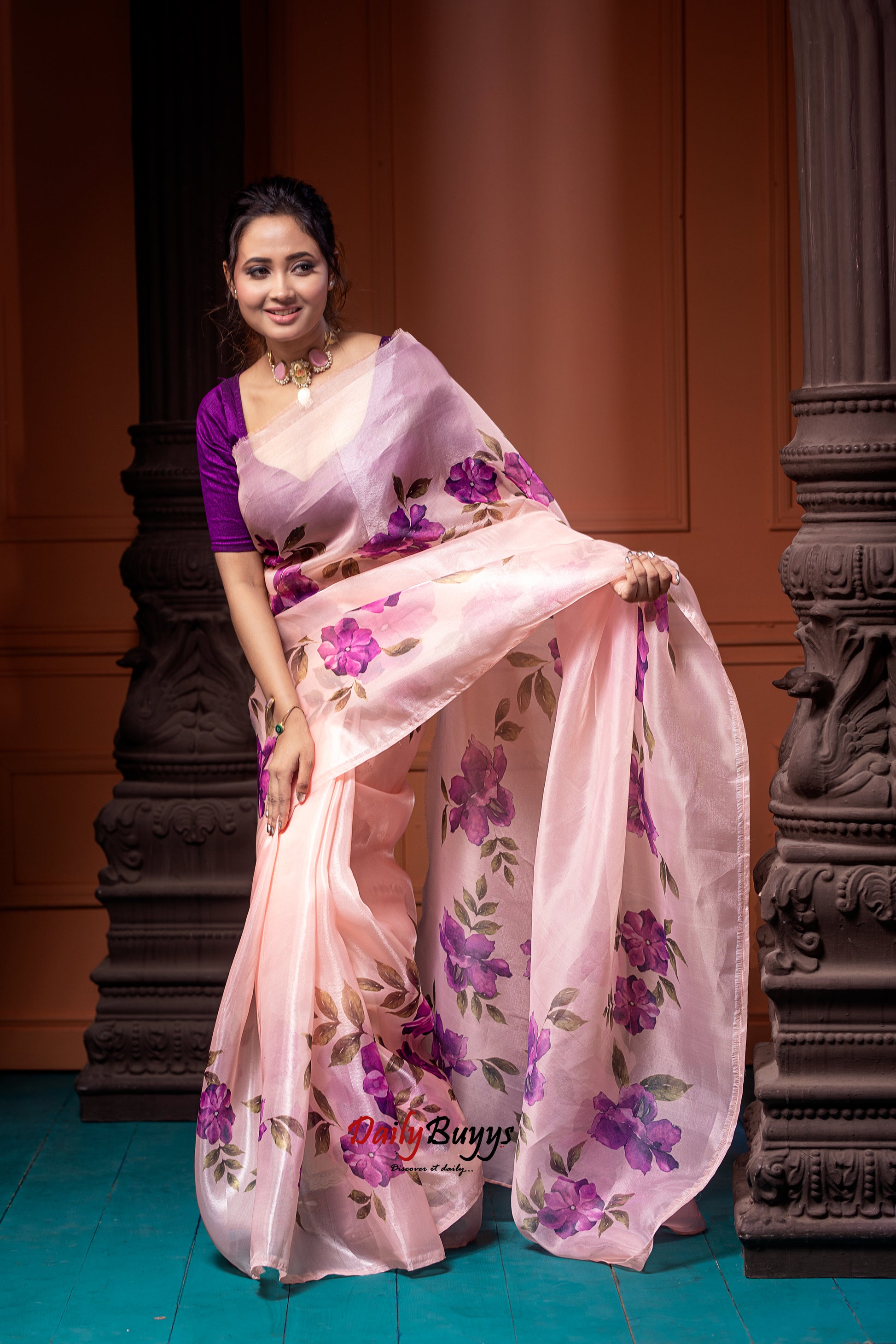 Digital Floral Print Organza Sarees - Dailybuyys