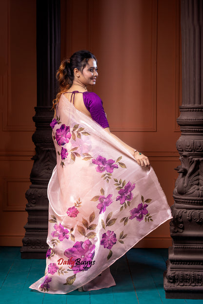 Digital Floral Print Organza Sarees - Dailybuyys