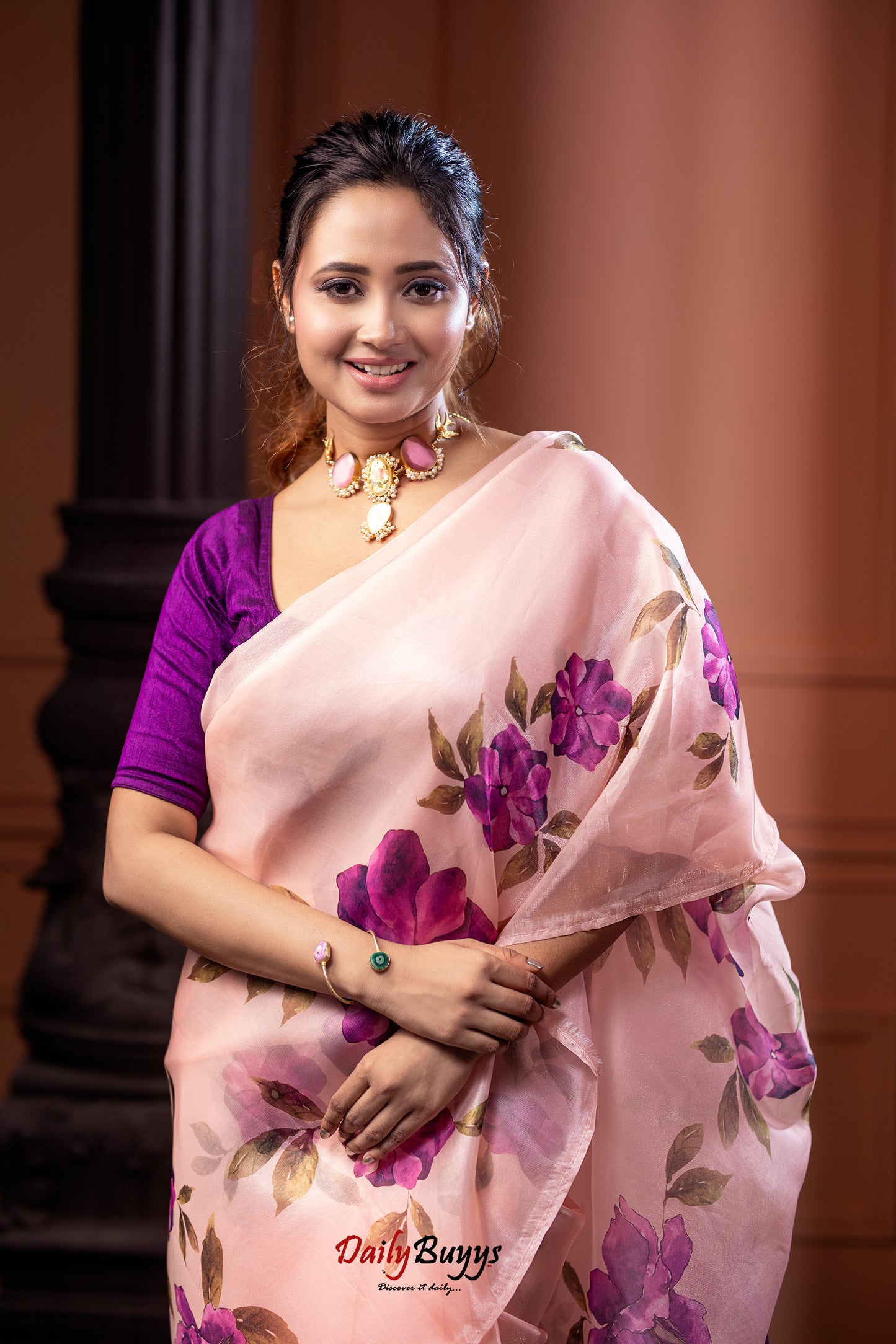 Digital Floral Print Organza Sarees - Dailybuyys