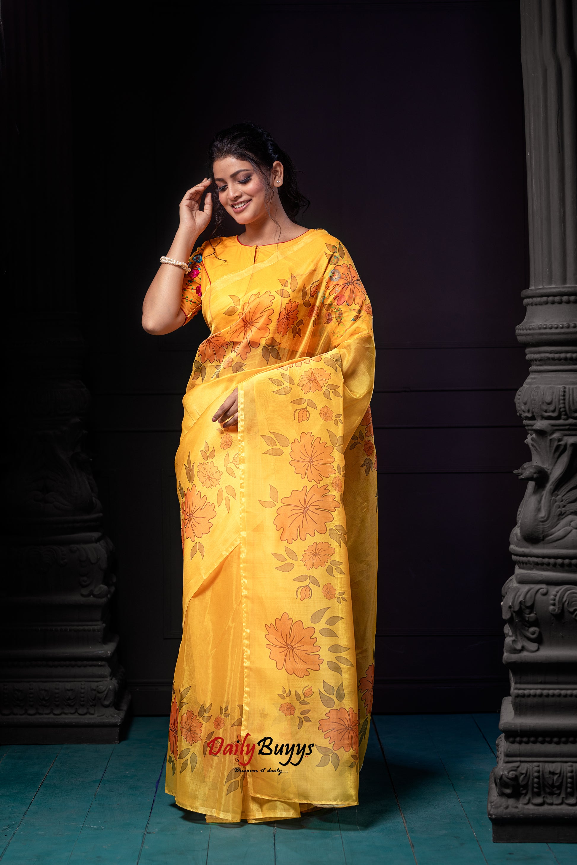 Yellow Digital Floral Print Organza Sarees - Dailybuyys