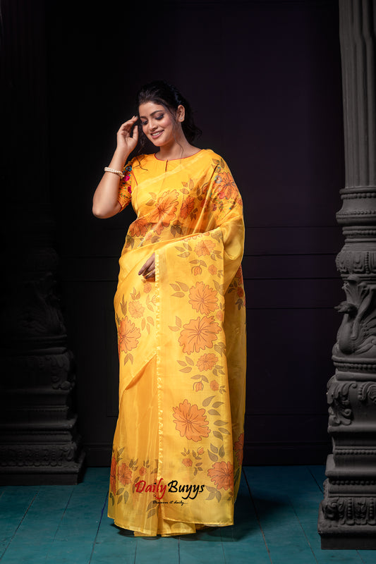 Yellow Digital Floral Print Organza Sarees - Dailybuyys