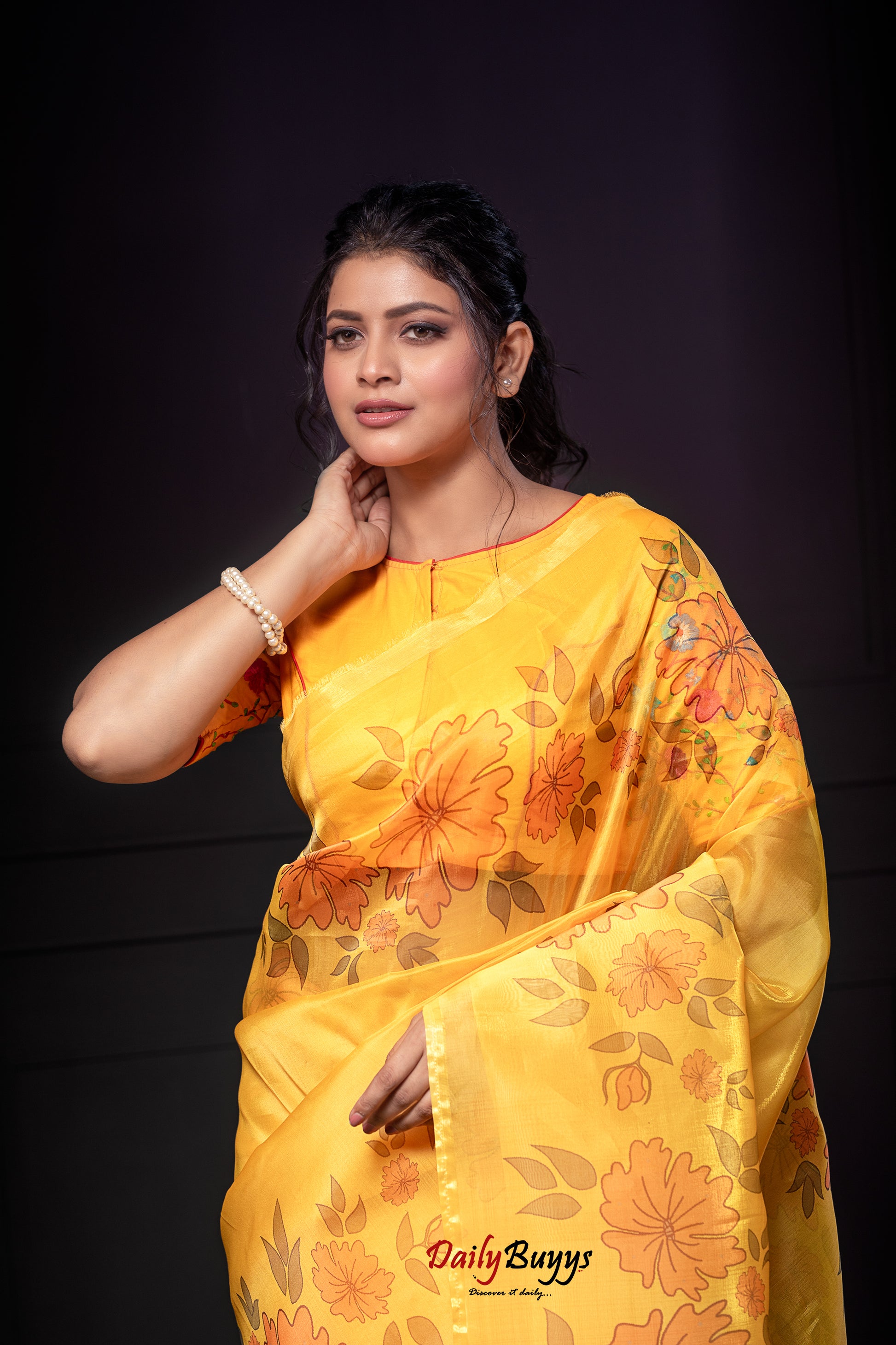 Yellow Digital Floral Print Organza Sarees - Dailybuyys