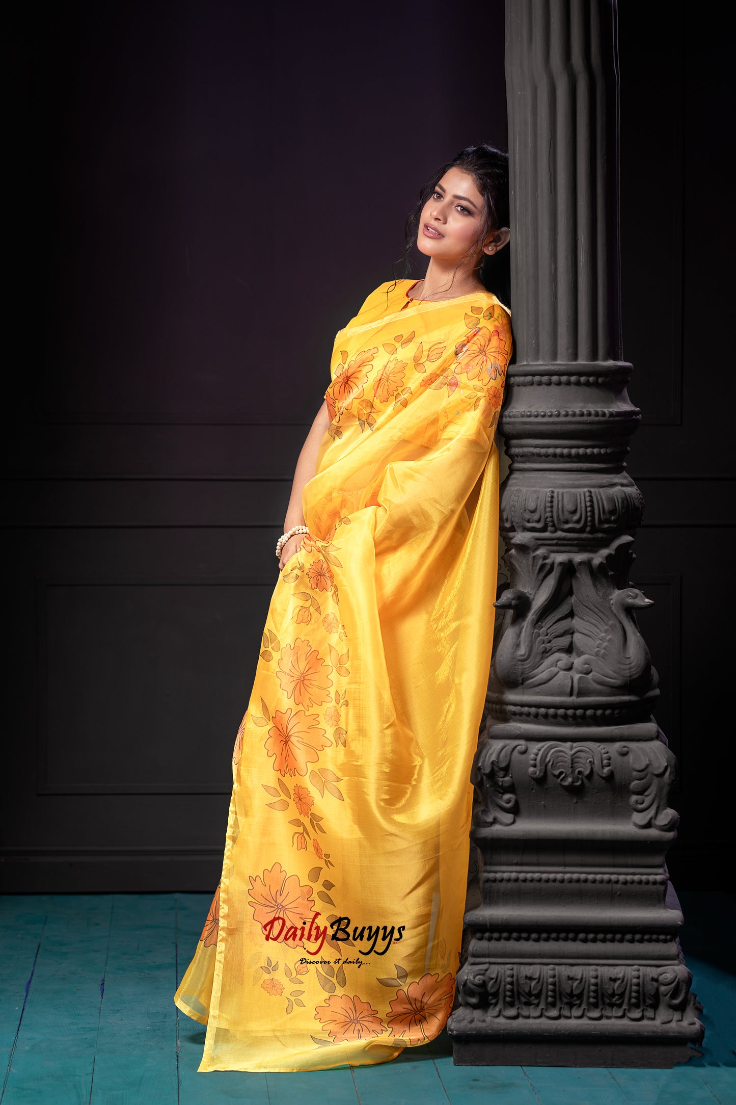 Yellow Digital Floral Print Organza Sarees - Dailybuyys