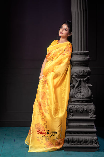 Yellow Digital Floral Print Organza Sarees - Dailybuyys