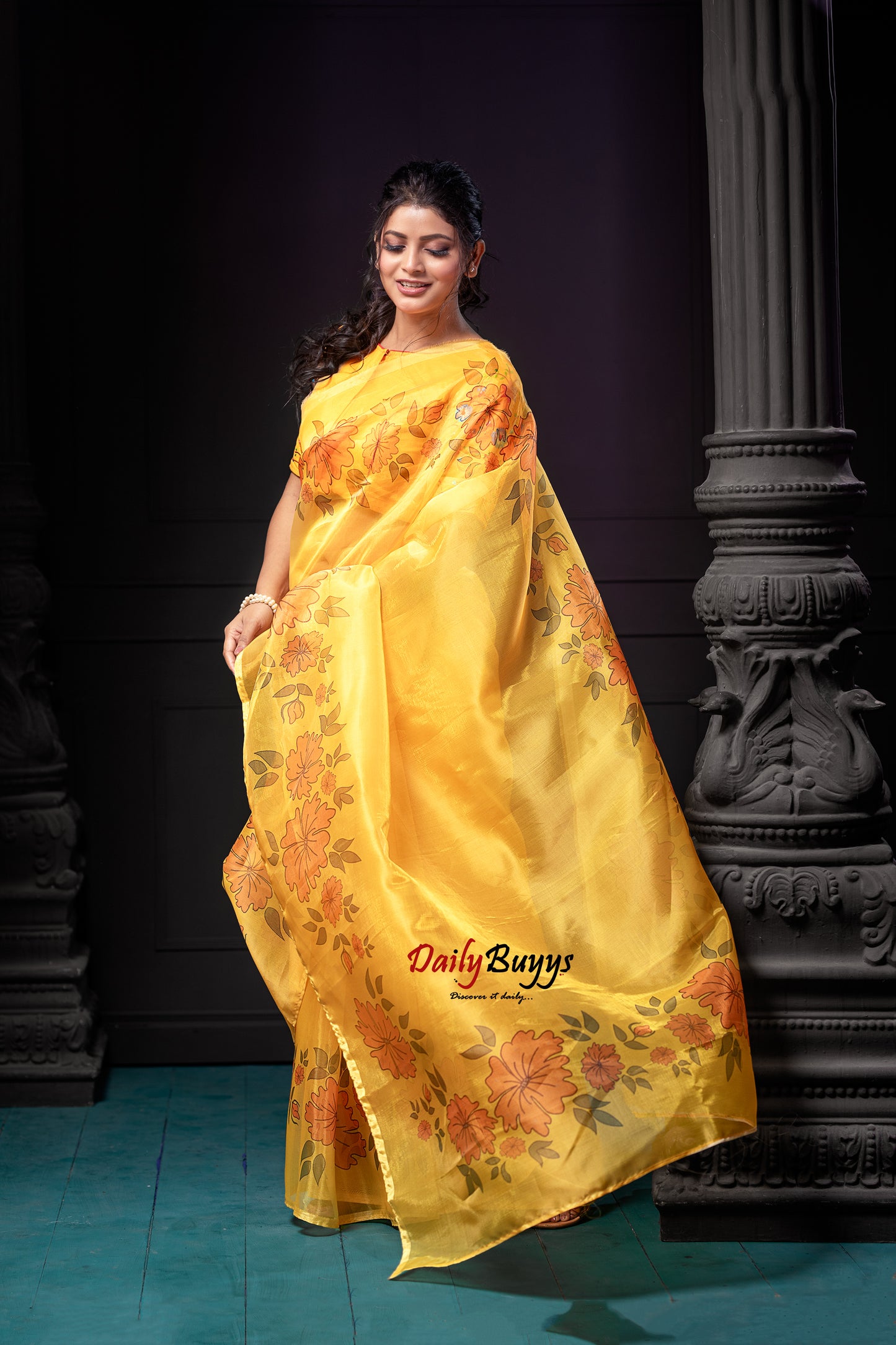 Yellow Digital Floral Print Organza Sarees - Dailybuyys