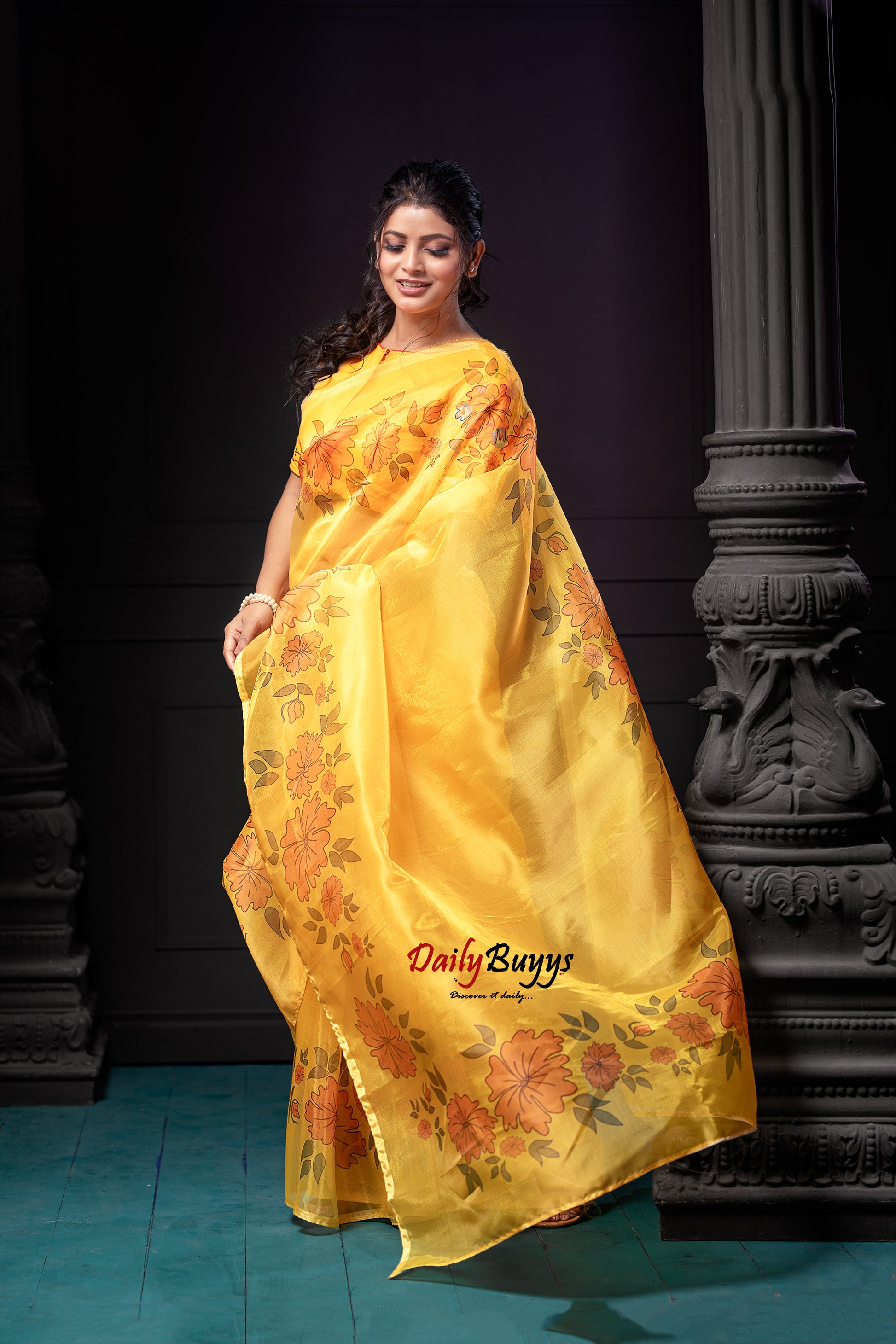 Yellow Digital Floral Print Organza Sarees - Dailybuyys