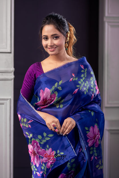 Blue Digital Floral Print Organza Sarees - Dailybuyys