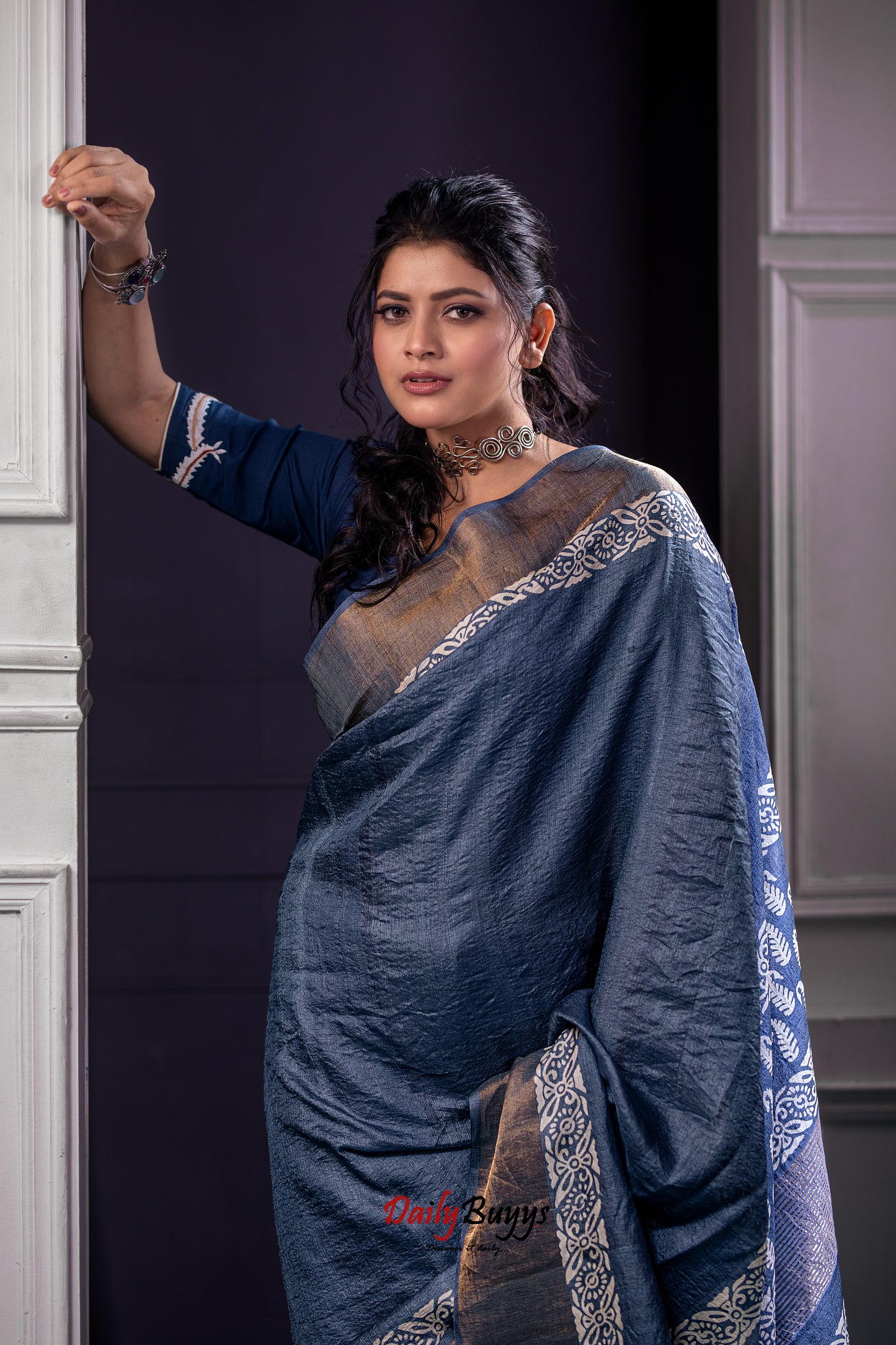 Grey Block Printed Pure Silk Mark Certified Tussar Silk Sarees - Dailybuyys