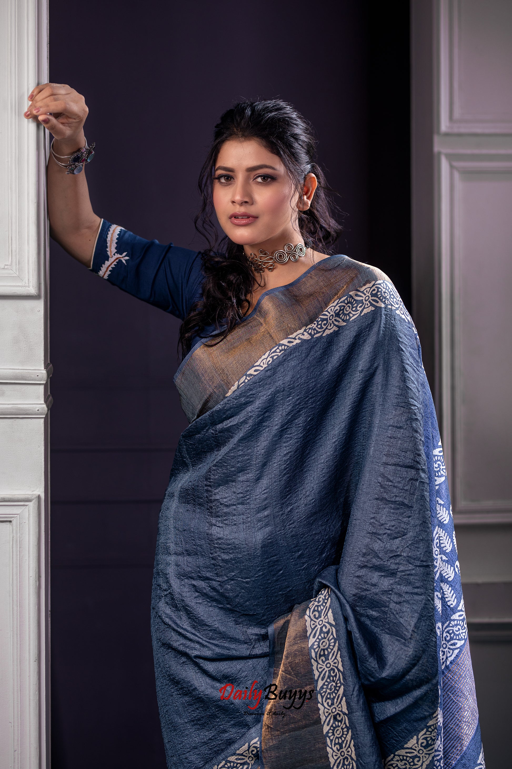 Grey Block Printed Pure Silk Mark Certified Tussar Silk Sarees - Dailybuyys